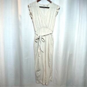 SIM & SAM Linen Blend Wide Leg Jumpsuit Cream Ruffle Sleeve Tie Waist M